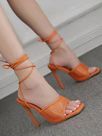 2022 Римски Секси Мрежести Дамски Високи Токове с каишка на глезена Големи размери Дамски сандали с квадратна глава Стилет с отворени пръсти Дамски Zapatos De Mujer