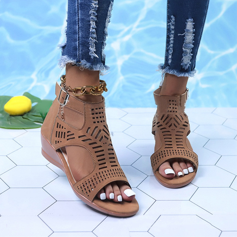 Sieviešu sandales, ķīļveida, dobi retro apavi Sieviešu 2022. gada vasaras etniskā stila ikdienas sieviešu sandalijas, sprādzes, papēžu kurpes