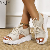 2023. gada vasaras sieviešu sandales Tīkla ikdienas apavi Baltas, biezas zoles šņorējamas sandalijas pludmales kurpes sievietēm Jauns Zapatos Mujer