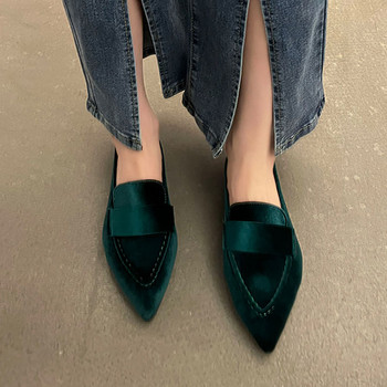 Дамски кадифени обувки с плоска подметка с остри пръсти Дамски мокасини Шиене на обувки тип лодка Плюс размер 42 Черно Зелено Кафяво Лилаво 1106N