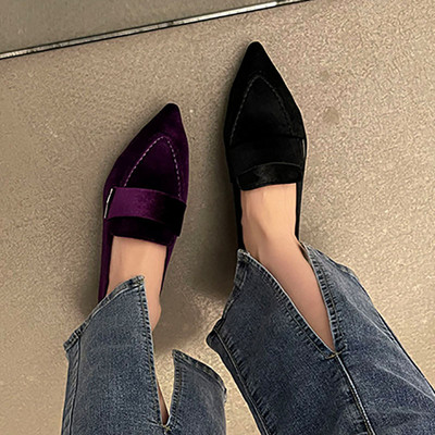 Női bársony lapos hegyes orrú csúszás lapos cipőn Női naplopók Varró csónakcipő 42-es nagyméretű fekete zöld barna lila 1106N