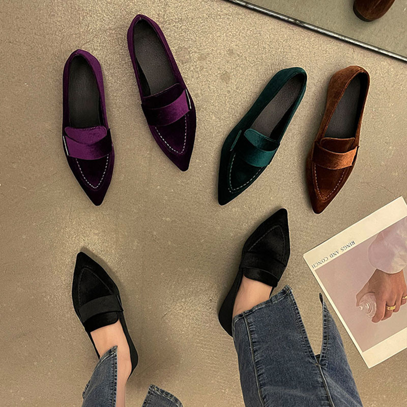 Γυναικείες βελούδινες φλατ Μυτερές μύτη σε ίσια παπούτσια Γυναικεία Loafers Ράψιμο Παπούτσια Βάρκας Plus Size 42 Μαύρο Πράσινο Καφέ Μωβ 1106N