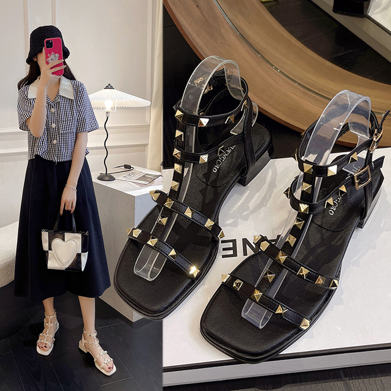 Γυναικεία σανδάλια με καλοκαίρι 2022νέο καλοκαιρινό πριτσίνι χοντρό τακούνι 3cm peep-toe κομψά τετράγωνα παπούτσια Ρωμαϊκά γυναικεία παπούτσια