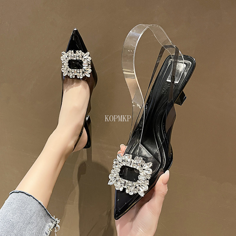 Sandale cu toc înalt din PVC de modă, pantofi cu toc înalt, pantofi de nuntă, pantofi de nuntă, cu vârf ascuțit, cristal pătrat, pentru femei, 2023