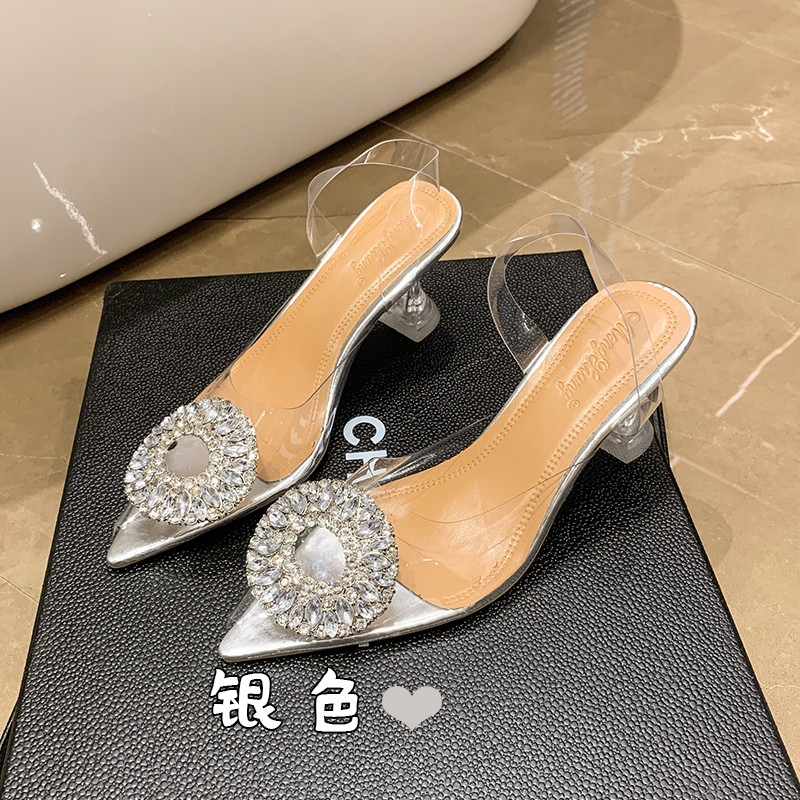 2022 Nové letné vysoké podpätky Luxusné kamienkové párty Dámske vysoké podpätky Slingback Sexy Stiletto Priehľadné sandále Dámske topánky