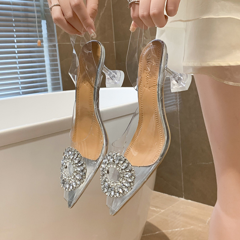 2022 Nové letné vysoké podpätky Luxusné kamienkové párty Dámske vysoké podpätky Slingback Sexy Stiletto Priehľadné sandále Dámske topánky