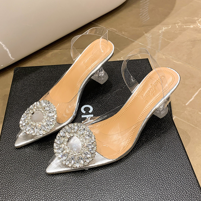 2022 Nové letné vysoké podpätky Luxusné kamienkové párty Dámske vysoké podpätky Slingback Sexy Stiletto Priehľadné sandále Dámske topánky