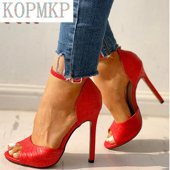 Секси дамски обувки с каишка и каишка Сандали с обувки с високи токчета Модни сандали със змийска кожа Stiletto Super Peep Toe Zapatos De Mujer 36-41