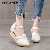 Veowalk sieviešu lina kokvilnas augstpapēžu ķīļveida Espadrilles sandales vasaras ērtas potītes siksnas platformas apavi Melni bēši balti
