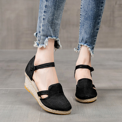 Veowalk sieviešu lina kokvilnas augstpapēžu ķīļveida Espadrilles sandales vasaras ērtas potītes siksnas platformas apavi Melni bēši balti