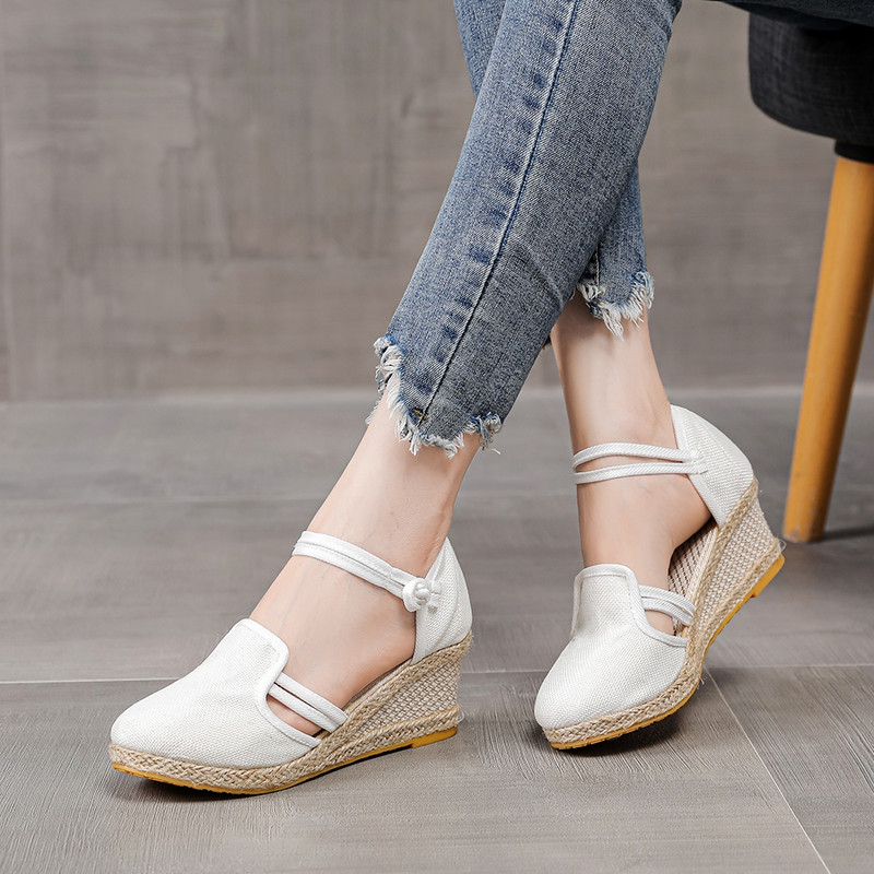 Veowalk sieviešu lina kokvilnas augstpapēžu ķīļveida Espadrilles sandales vasaras ērtas potītes siksnas platformas apavi Melni bēši balti