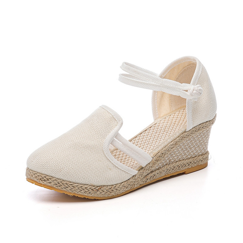 Veowalk sieviešu lina kokvilnas augstpapēžu ķīļveida Espadrilles sandales vasaras ērtas potītes siksnas platformas apavi Melni bēši balti