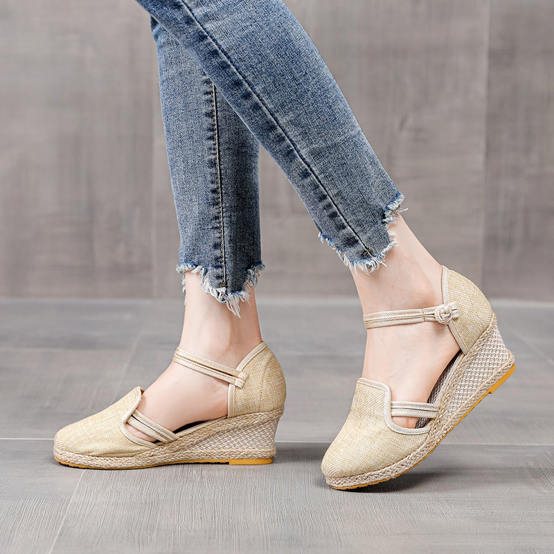 Veowalk sieviešu lina kokvilnas augstpapēžu ķīļveida Espadrilles sandales vasaras ērtas potītes siksnas platformas apavi Melni bēši balti