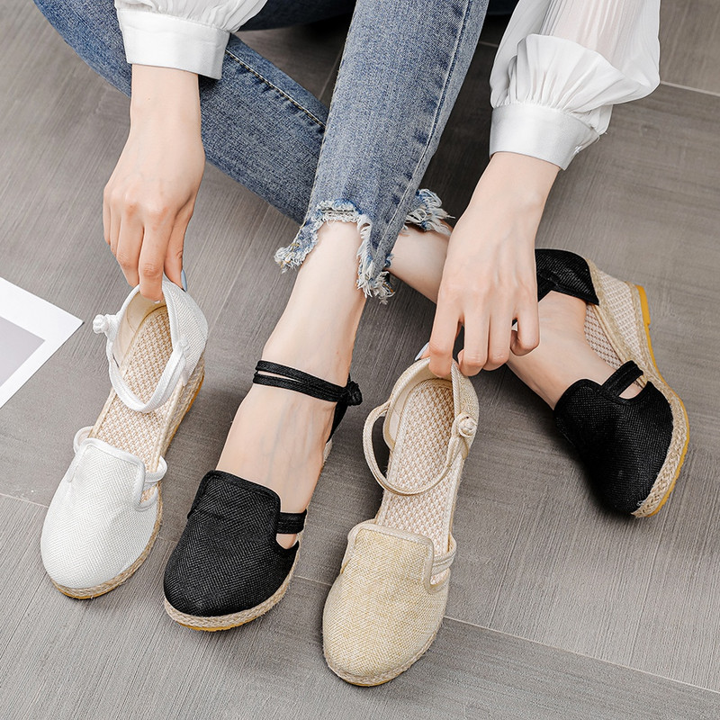 Veowalk sieviešu lina kokvilnas augstpapēžu ķīļveida Espadrilles sandales vasaras ērtas potītes siksnas platformas apavi Melni bēši balti