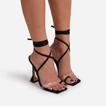 Летни дамски сандали с дантелен ток Модни отворени пръсти Стилет с квадратни пръсти Секси чехли с каишки на ток, вратовръзка, каишка на глезена