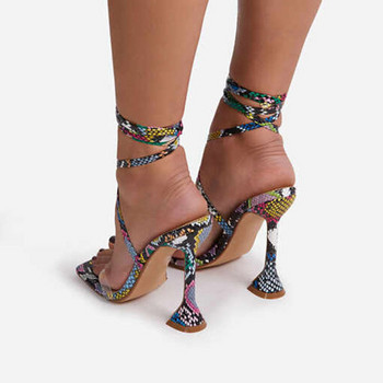 Летни дамски сандали с дантелен ток Модни отворени пръсти Стилет с квадратни пръсти Секси чехли с каишки на ток, вратовръзка, каишка на глезена