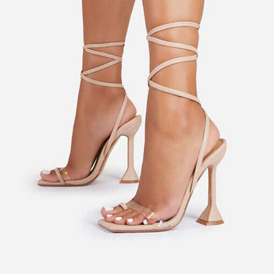 Ljetne ženske sandale s petom na vezanje, modne otvorene prste, stiletto četvrtasti prsti, seksi papuče s remenčićima na petu, remen za gležnjeve