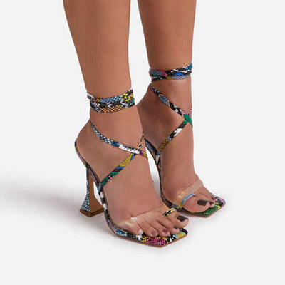 Ljetne ženske sandale s petom na vezanje, modne otvorene prste, stiletto četvrtasti prsti, seksi papuče s remenčićima na petu, remen za gležnjeve