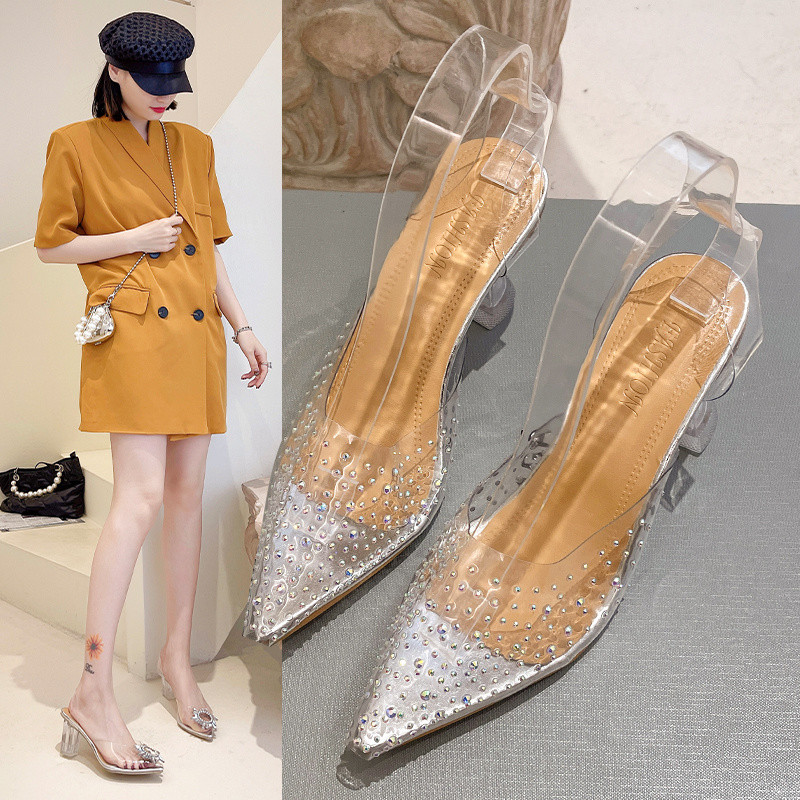 Dámske lodičky značky 2022, luxusné krištáľové lodičky s remienkom vzadu, dámske letné topánky, lodičky, dámske topánky na podpätku, spoločenské a svadobné topánky, plus veľkosť