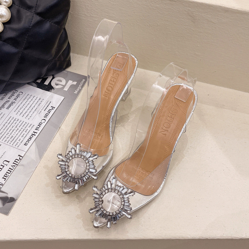 Dámske lodičky značky 2022, luxusné krištáľové lodičky s remienkom vzadu, dámske letné topánky, lodičky, dámske topánky na podpätku, spoločenské a svadobné topánky, plus veľkosť