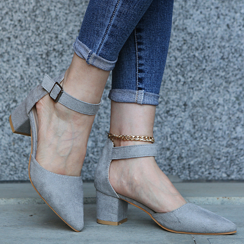 Dámske topánky veľkých rozmerov 2022 Nové jarné a jesenné univerzálne hrubé podpätky kórejská verzia s prackou Profesionálne vysoké podpätky pre ženy