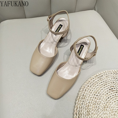 Sandále Baotou v štýle Temperament Fairy na hrubom podpätku s jednoslovnou prackou, s remienkom vzadu, vysoké podpätky s hranatou špičkou, 5 cm, spoločenské topánky