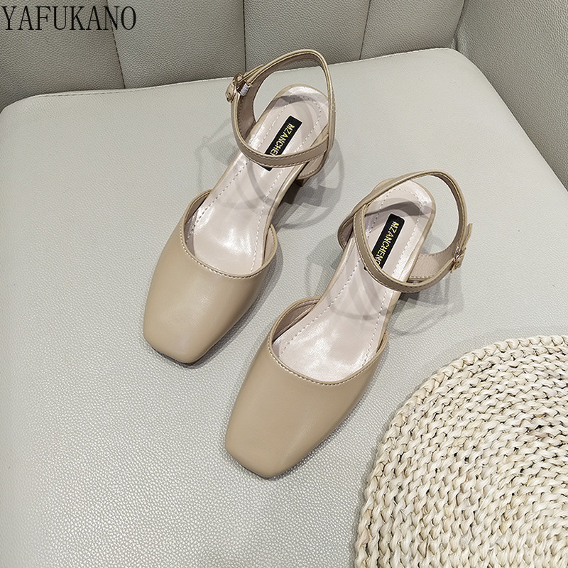 Sandále Baotou v štýle Temperament Fairy na hrubom podpätku s jednoslovnou prackou, s remienkom vzadu, vysoké podpätky s hranatou špičkou, 5 cm, spoločenské topánky