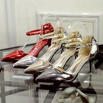 Дамски сватбени обувки Булчински високи токчета Помпи с каишка на глезена Сребърни токчета Bling Работни обувки Женски дамски обувки zapatos mujer 7680