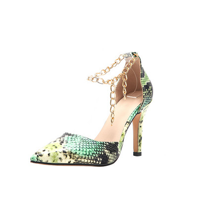 Snake print Γυναικεία σανδάλια Καλοκαιρινά σέξι μονό παπούτσια Μεταλλική αλυσίδα Ψηλά τακούνια γραφείου Γυναικεία Pumps Μόδα Γυναικεία παπούτσια με λεπτά τακούνια