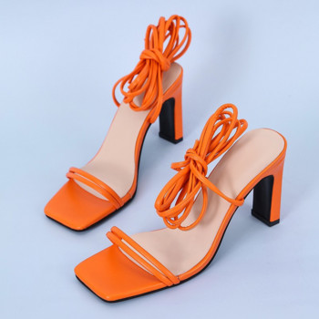 Свежи зелени оранжеви секси сандали с връзки за жени Летни обувки на висок ток Рокля с квадратни пръсти Сандал с висок ток Голям размер 43
