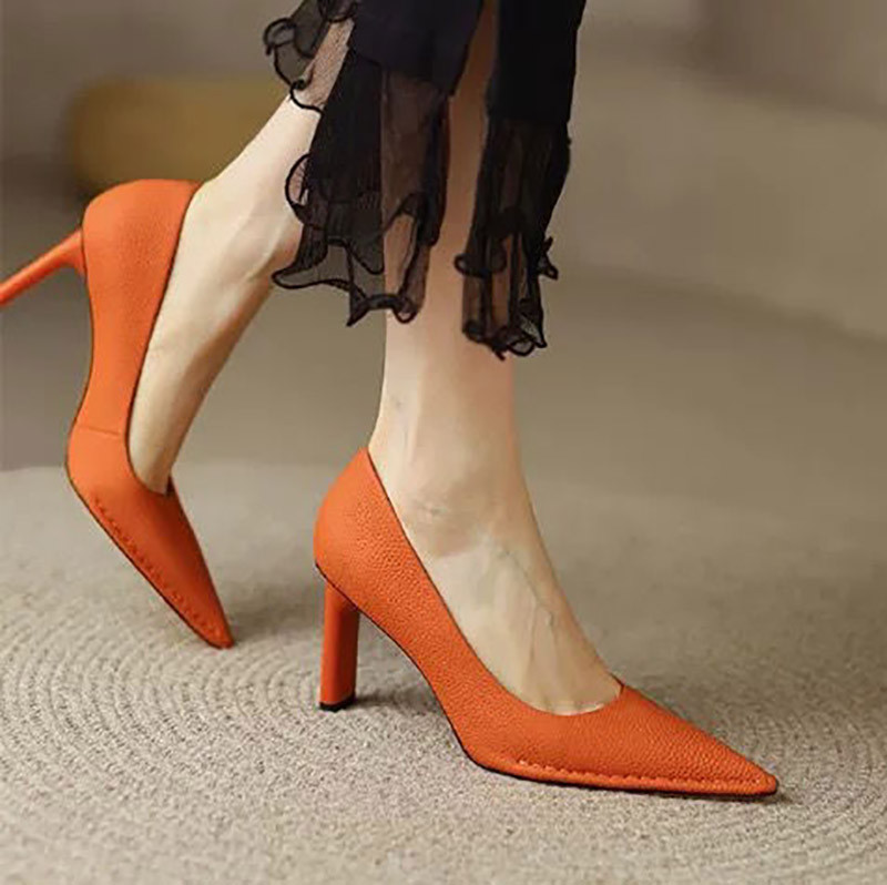 Dámske lodičky so špicatou špičkou, vysoké podpätky, spoločenské topánky, zelené lodičky, nazúvacie topánky do kancelárie, oranžové lodičky 9728N