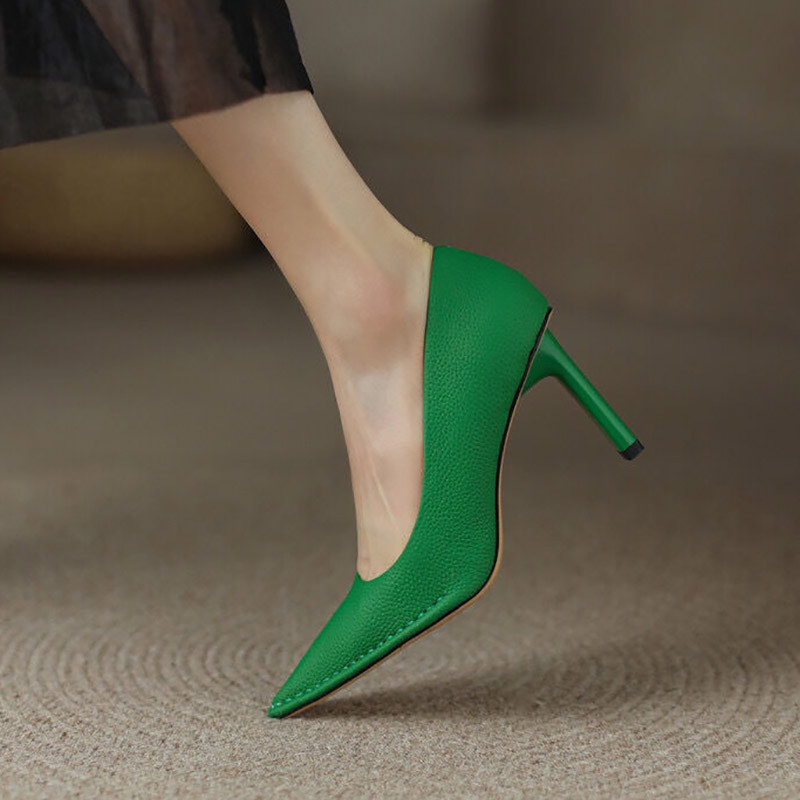 Dámske lodičky so špicatou špičkou, vysoké podpätky, spoločenské topánky, zelené lodičky, nazúvacie topánky do kancelárie, oranžové lodičky 9728N