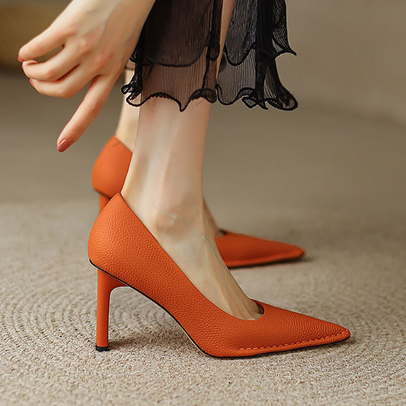 Dámske lodičky so špicatou špičkou, vysoké podpätky, spoločenské topánky, zelené lodičky, nazúvacie topánky do kancelárie, oranžové lodičky 9728N