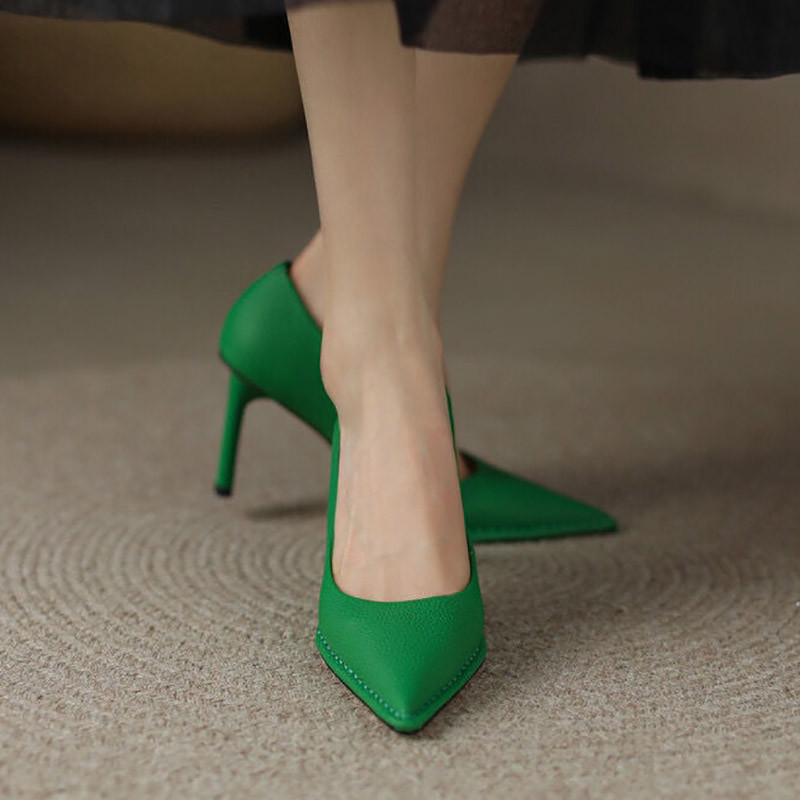 Dámske lodičky so špicatou špičkou, vysoké podpätky, spoločenské topánky, zelené lodičky, nazúvacie topánky do kancelárie, oranžové lodičky 9728N