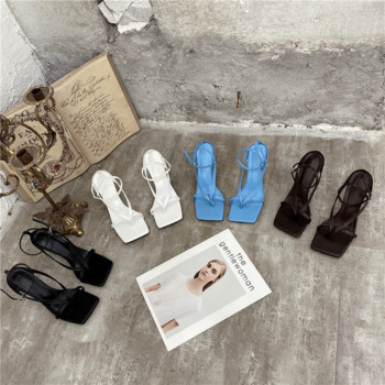 Сандали с каишки с щипки Гладиаторски сандали Обувки с висок ток Есен Най-добър уличен външен вид Дамски обувки с квадратна глава и отворени пръсти
