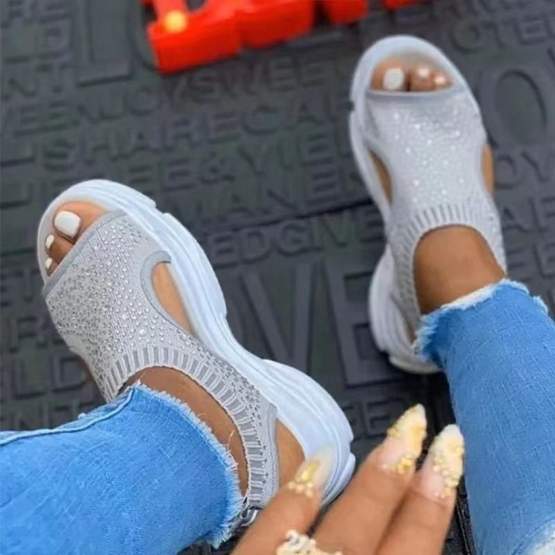 2023. g. sieviešu ķīļveida sandales Modes, elastīga auduma trikotāžas pludmales sandales, ikdienišķas kalnu strēles sandales, ievelkamās Sandalias Mujer