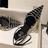 Szexi hegyes női kristályszandál vékony magassarkú bokatekerhető csatszíj Bling Bling ruha parti nyári cipők női szandálok