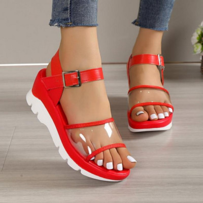 Skaidrūs PVC pleištiniai sandalai moterims Vasariniai storu dugnu neslystantys Rome Sandalias Mujer lengvi dirželiai ant kulkšnies stambūs platforminiai sandalai