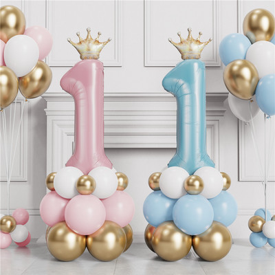 30 ιντσών Crown Number 1 Balloons Kit Διακόσμηση 1ου πάρτι γενεθλίων Foil Balloon Blue Pink Balloon Globos Baby Shower Decoration