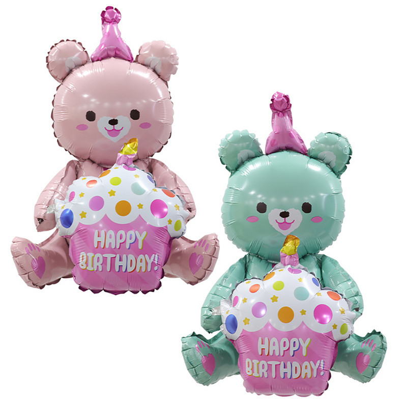 Ins 4D Pink Bear Hugs Cake Foil Balloon Girl Baby Happy Birthday Party Favors Δώρο για παιδιά Φωτογραφικά στηρίγματα