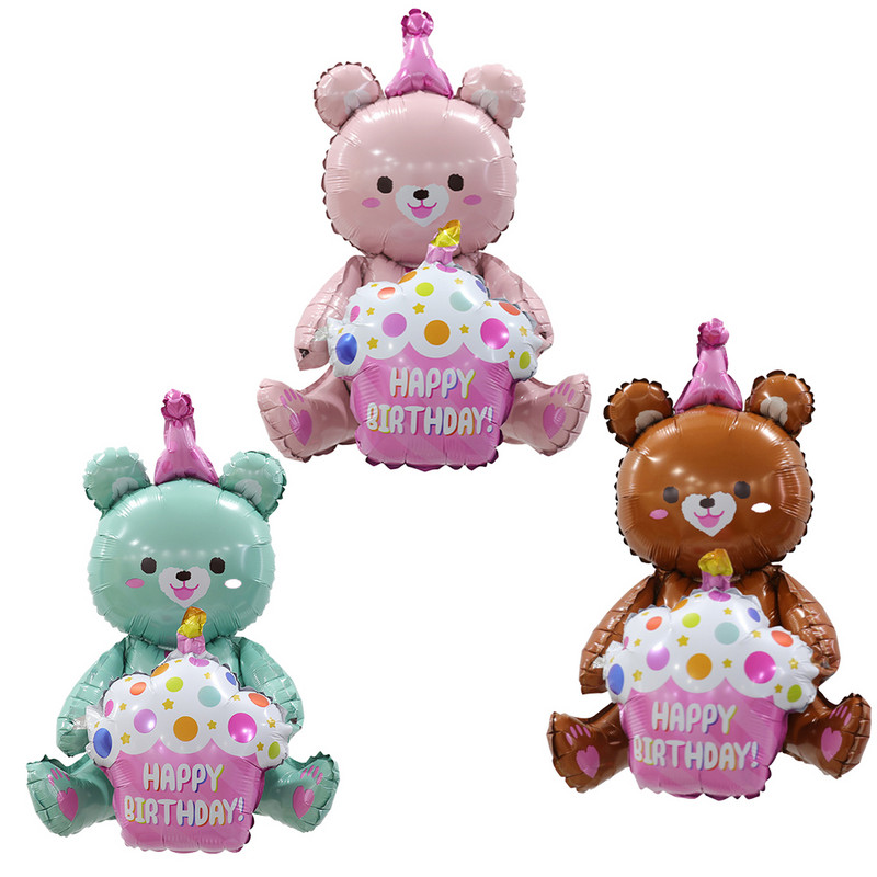 Ins 4D Pink Bear Hugs Cake Foil Balloon Girl Baby Happy Birthday Party Favors Δώρο για παιδιά Φωτογραφικά στηρίγματα