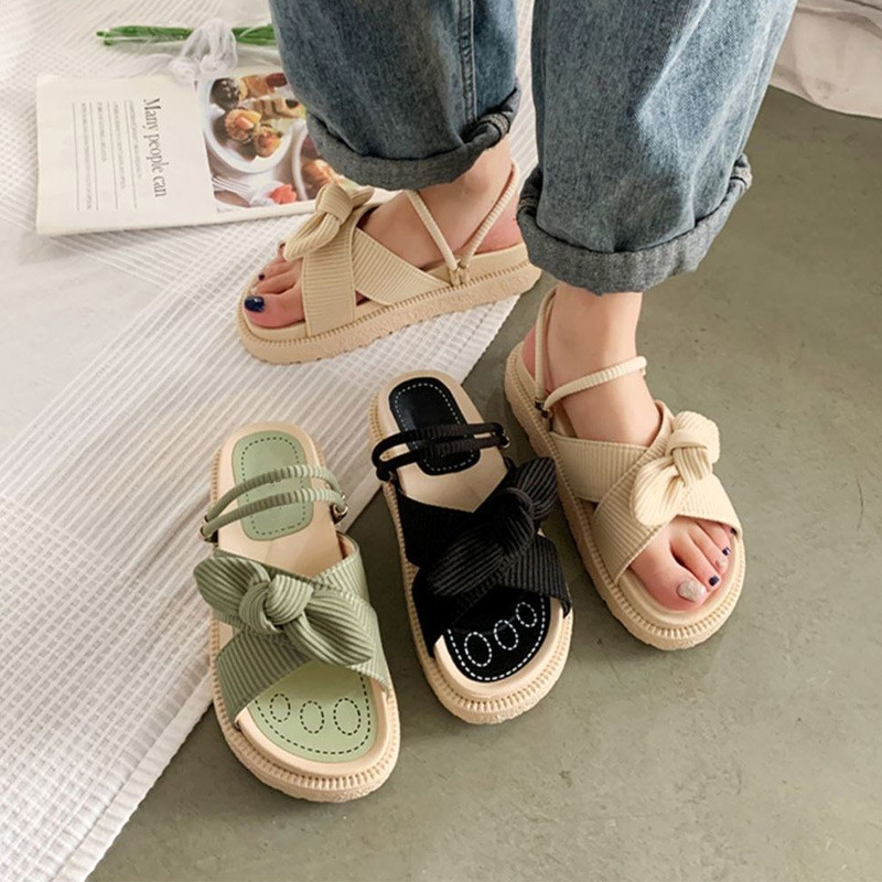 MCCKLE Sandale de damă 2022, vară, cu nod fluture, cu fundul gros, pantofi plat pentru femei, papuci pentru femei, sandale pentru femei