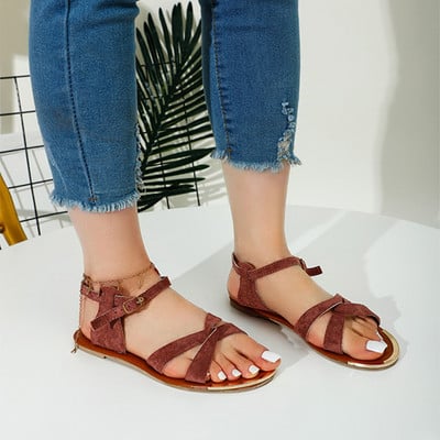 Sandale MCCKLE pentru femei, de culoare solidă, cu curea cu cataramă, sandale plate, pentru femei, în afara degetului, cu bretele, pantofi încrucișați pentru femei, pantofi de plajă de vară