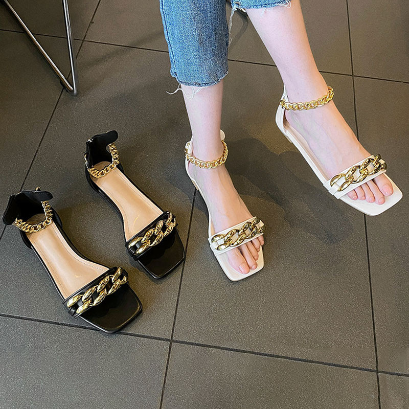 MCCKLE Sandale de damă cu vârf pătrat, lanț metalic, pantofi plat pentru dama, moda verii 2022, sandale confortabile pentru femei, sandale pentru femei, nou