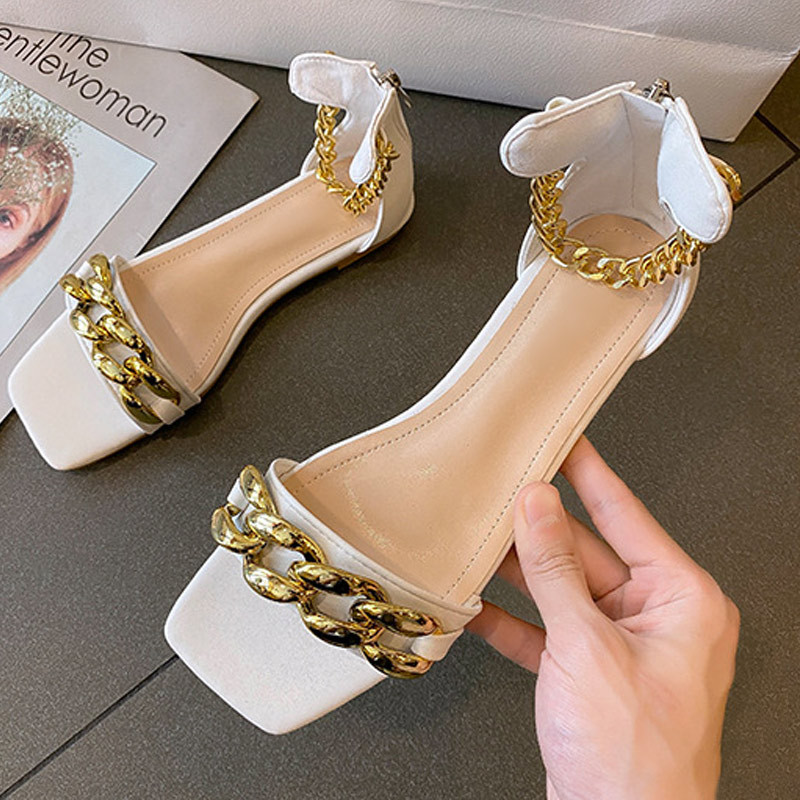 MCCKLE Sandale de damă cu vârf pătrat, lanț metalic, pantofi plat pentru dama, moda verii 2022, sandale confortabile pentru femei, sandale pentru femei, nou