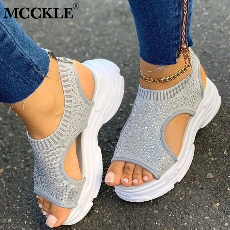 MCCKLE Sandales Sievietēm Ikdienas Kurpes Vasaras Peep Toe Platform Sieviešu Rhinestone Slip On Sieviešu audums Liela izmēra Komforts 2020 Mode