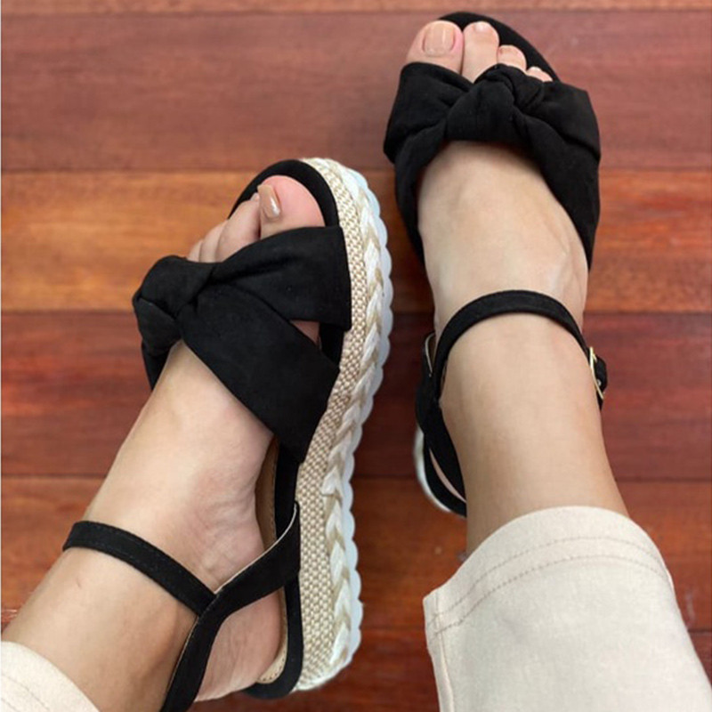 MCCKLE sieviešu vasaras sandales ar tauriņu mezglu platformu, plakanas sieviešu apavi 2022. g. Jaunas kausālas, mīkstas sprādzes siksnas sieviešu sandales