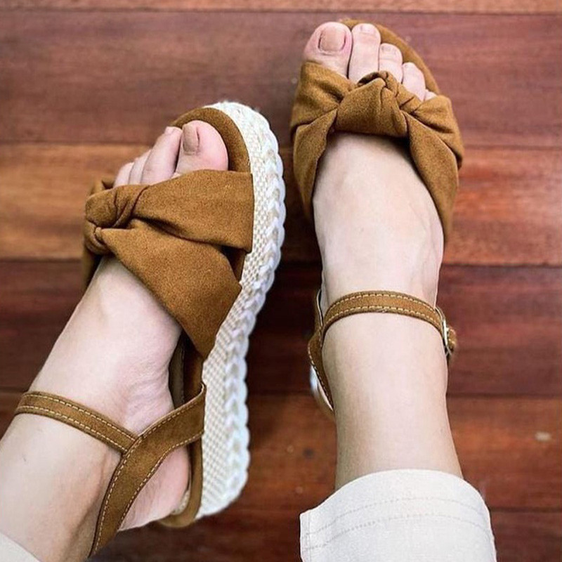 MCCKLE sieviešu vasaras sandales ar tauriņu mezglu platformu, plakanas sieviešu apavi 2022. g. Jaunas kausālas, mīkstas sprādzes siksnas sieviešu sandales