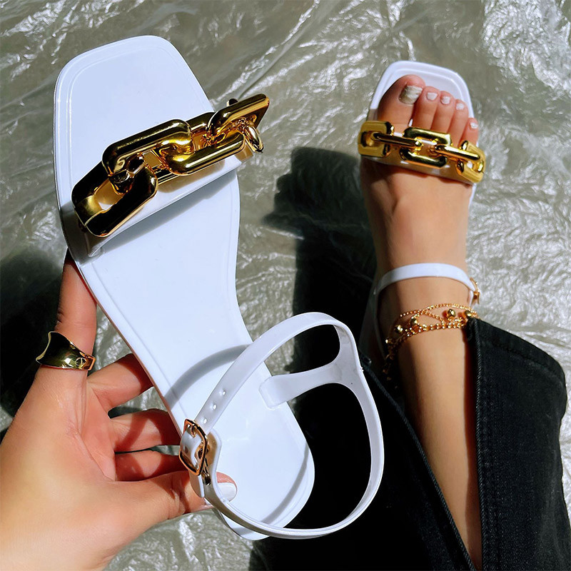 MCCKLE Γυναικεία πέδιλα τετράγωνα πέδιλα μεταλλική αλυσίδα γυναικεία ίσια παπούτσια με αγκράφα 2022 Καλοκαιρινή μόδα Γυναικεία σανδάλια Γυναικεία σανδάλια Νέο