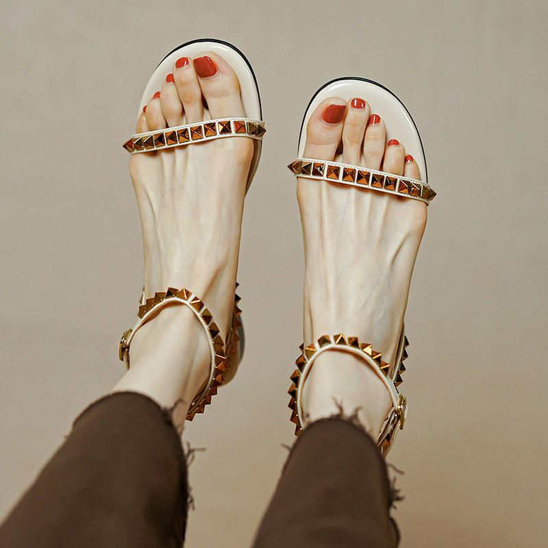 Sandale MCCKLE pentru femei, vara 2022, cu nituri de cristal, cu tocuri joase, cu cataramă, pantofi de damă, la modă de lux, sandale pentru femei, sandale pentru femei